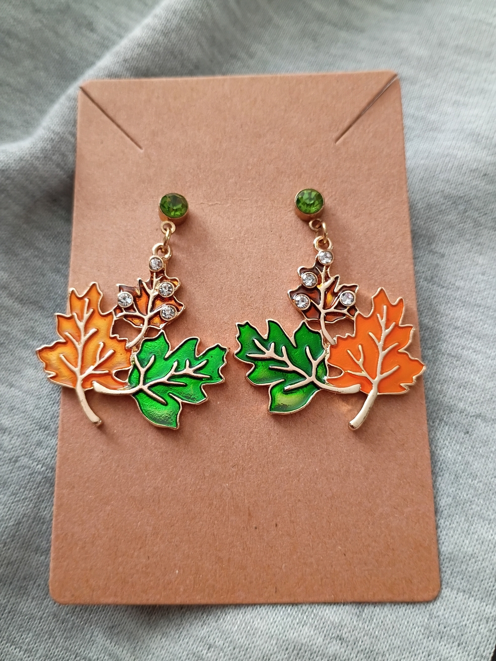 Autumn Leaf Enamel Dangle Earrings Gold Tone Fall Crystals
